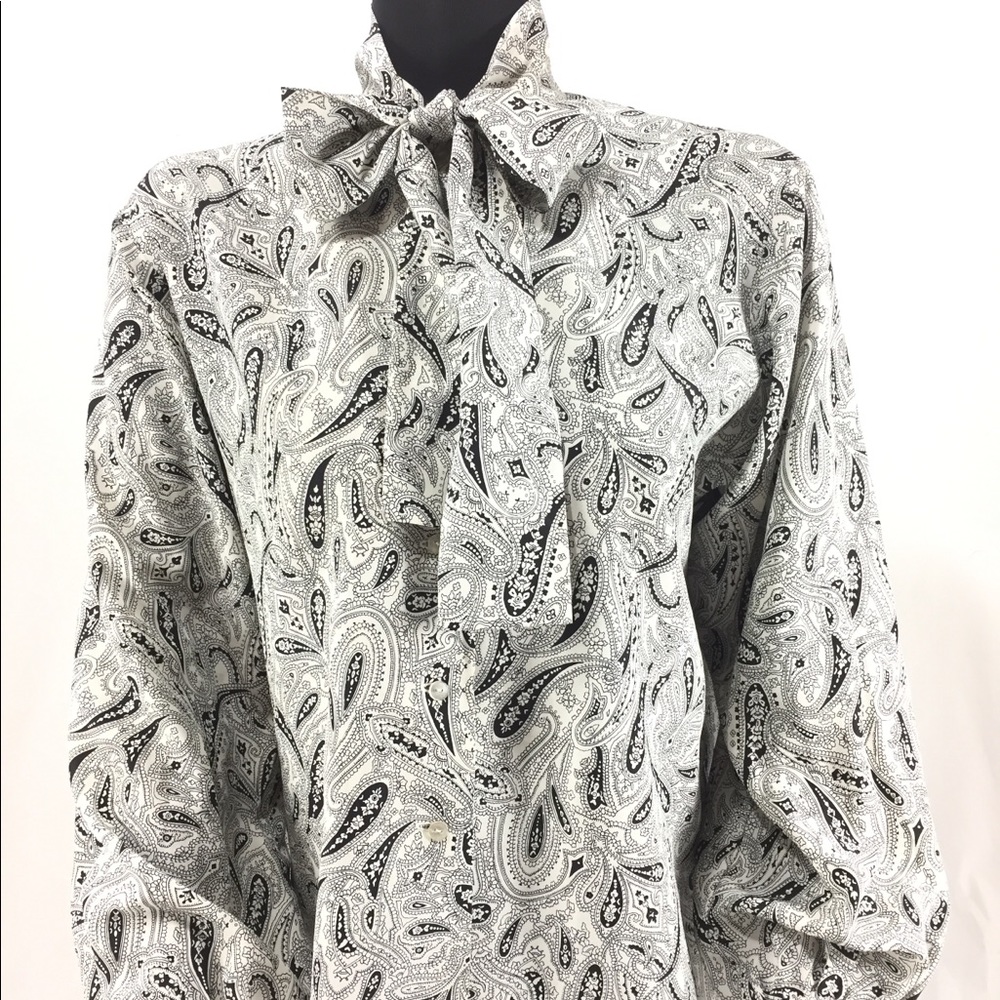 Vintage paisley black white button down blouse M